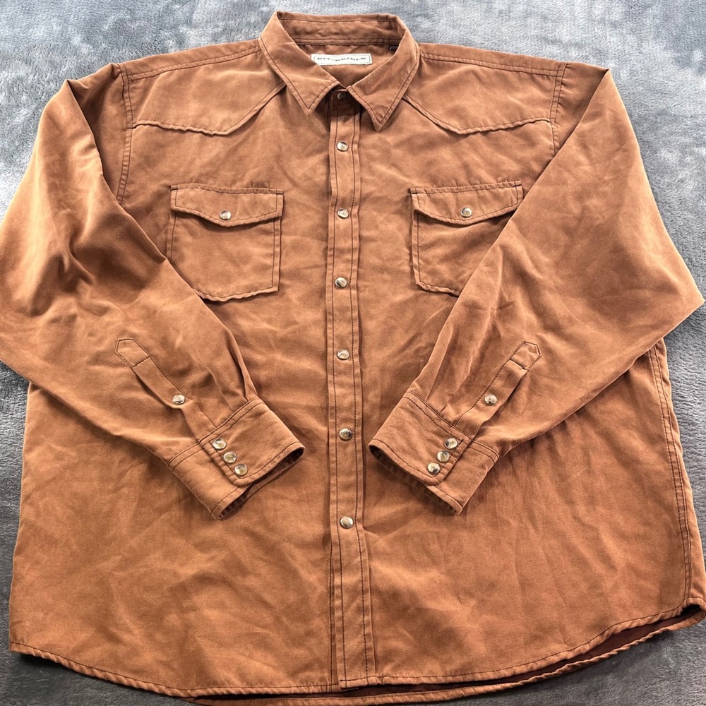 Bit & Bridle Mens XL Faux Suede Western Snap Shirt Cognac Brown Cowboy Yoke